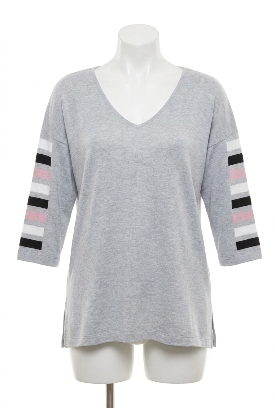 NEW ANGEL 3/4 stripe sleeve v-neck top in gray